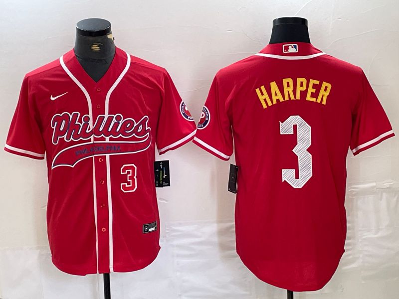 Men Philadelphia Phillies 3 Harper Red Jointly Nike 2024 MLB Jersey style 2